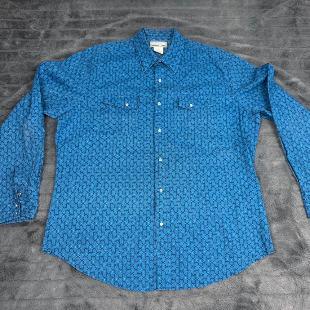 Wrangler Wrancher Mens XL Blue Paisley Western Pearl Snap Shirt MTW1398